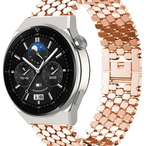 Steel Strap Hexagons, rose gold, on a watch, 3/4 front view