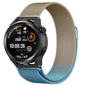 Milanese Strap, blue/gold, on a watch, 3/4 front view