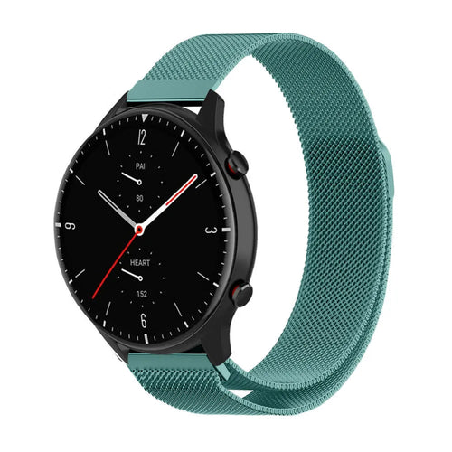 Milanese Strap, green, on a watch, 3/4 front view