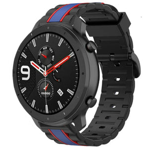 Silicone Special Edition Strap, black/blue, on a watch, 3/4 front view