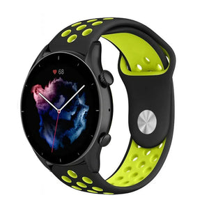 Silicone Sport Strap, black/yellow, on a watch, 3/4 front view