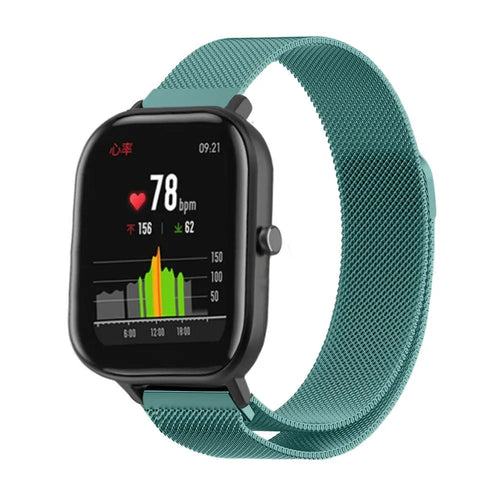 Milanese Strap, green, on a watch, 3/4 front view