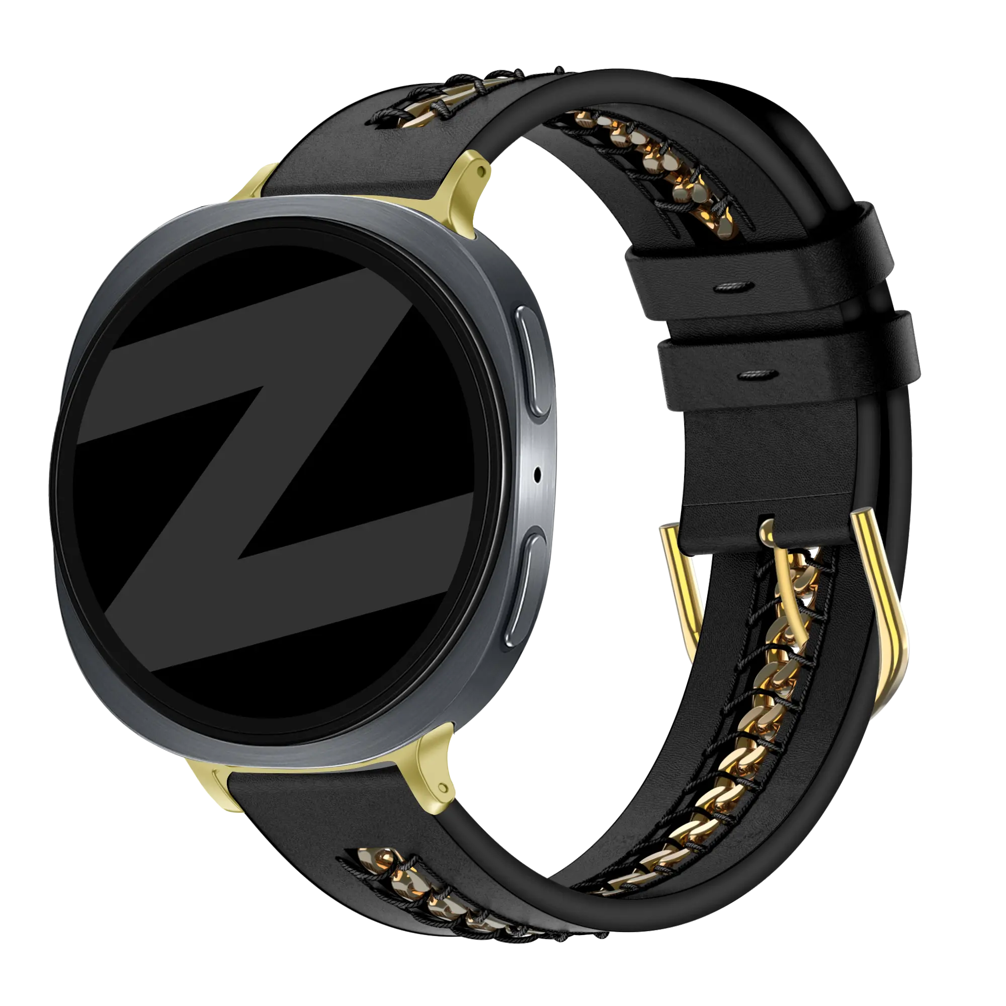Leather Strap 'Chains', black, on a watch, 3/4 front view