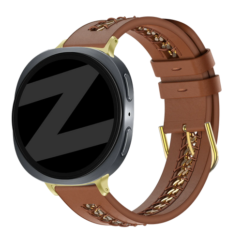 Leather Strap 'Chains', brown, on a watch, 3/4 front view
