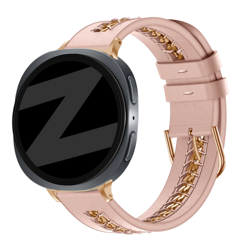 Leather Strap 'Chains', pink, on a watch, 3/4 front view