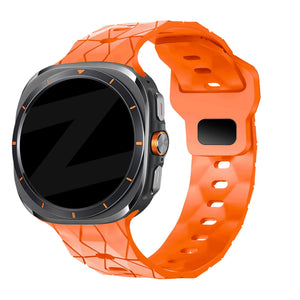 Silicone Strap Hexagons, orange, on a watch, 3/4 front view