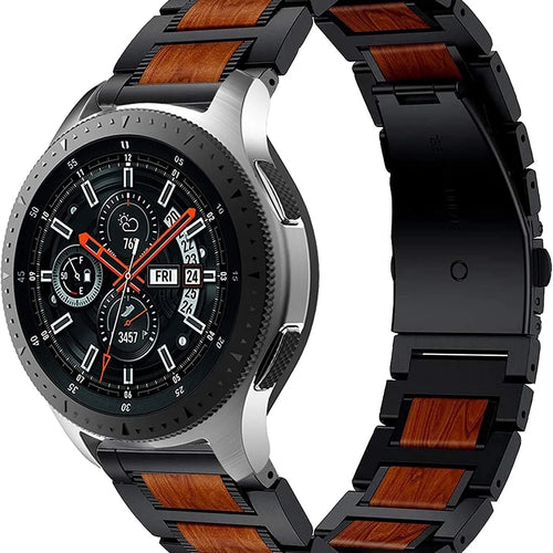 Wood Steel Strap, black, on a watch, 3/4 front view