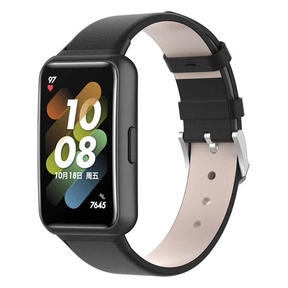 Leather Strap, black, on a watch, 3/4 front view