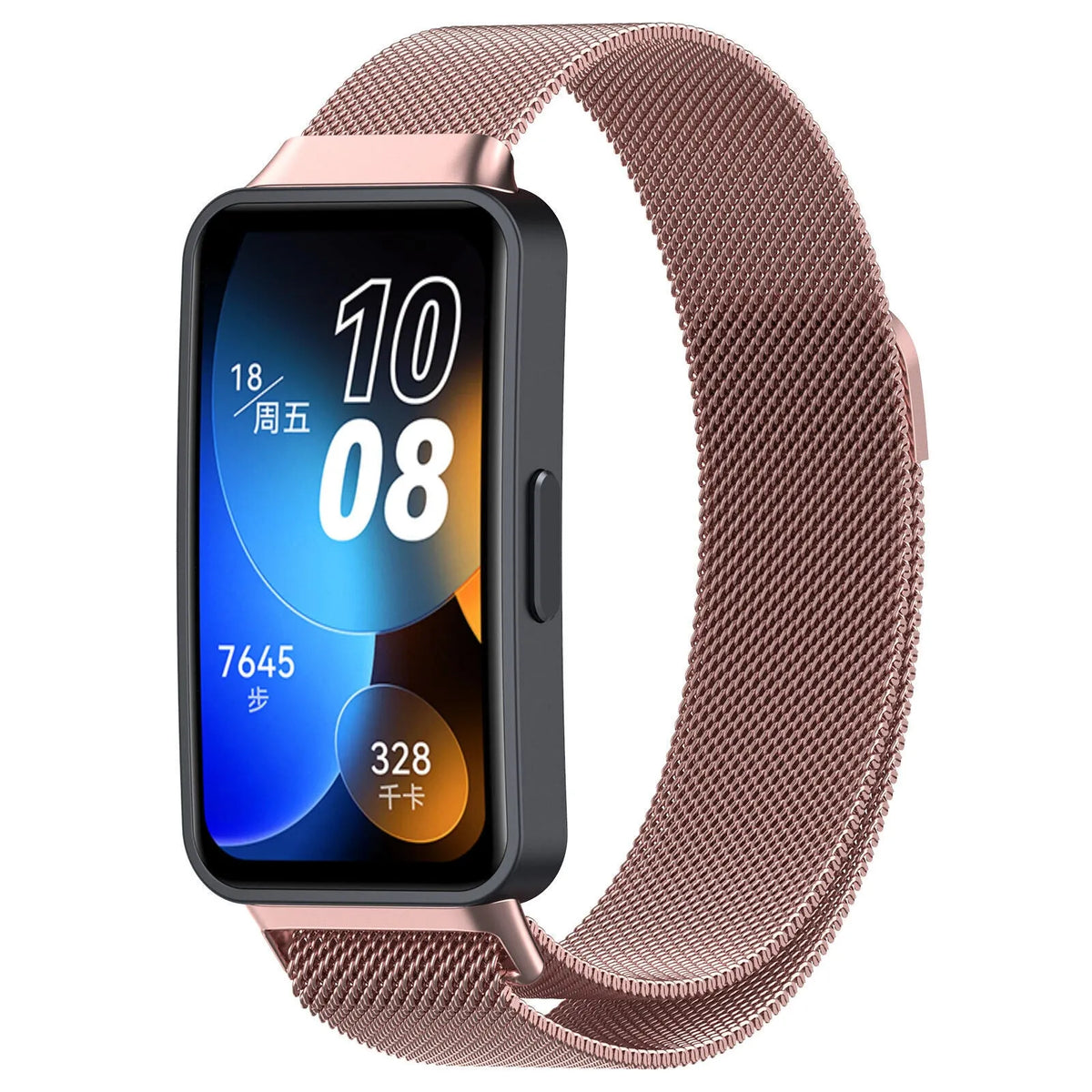 Milanese Strap, pink, on a watch, 3/4 front view
