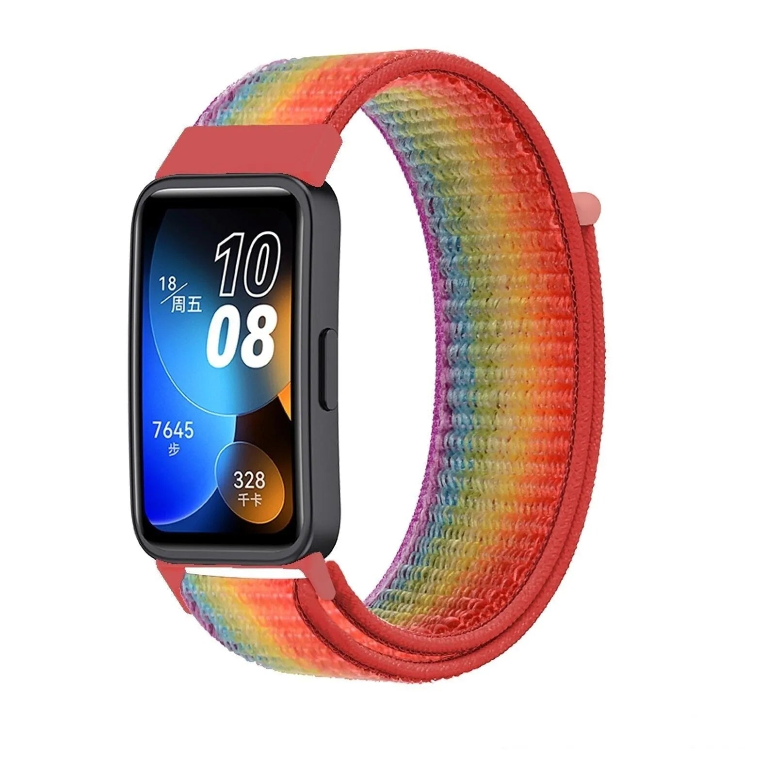 Nylon Strap, rainbow, on a watch, 3/4 front view