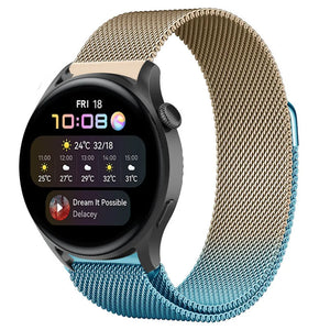 Milanese Strap, blue/gold, on a watch, 3/4 front view