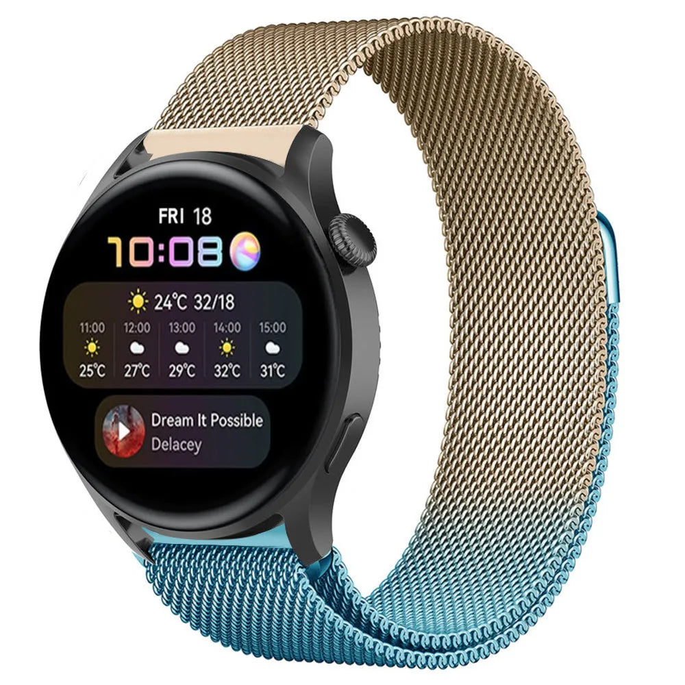 Milanese Strap, blue/gold, on a watch, 3/4 front view