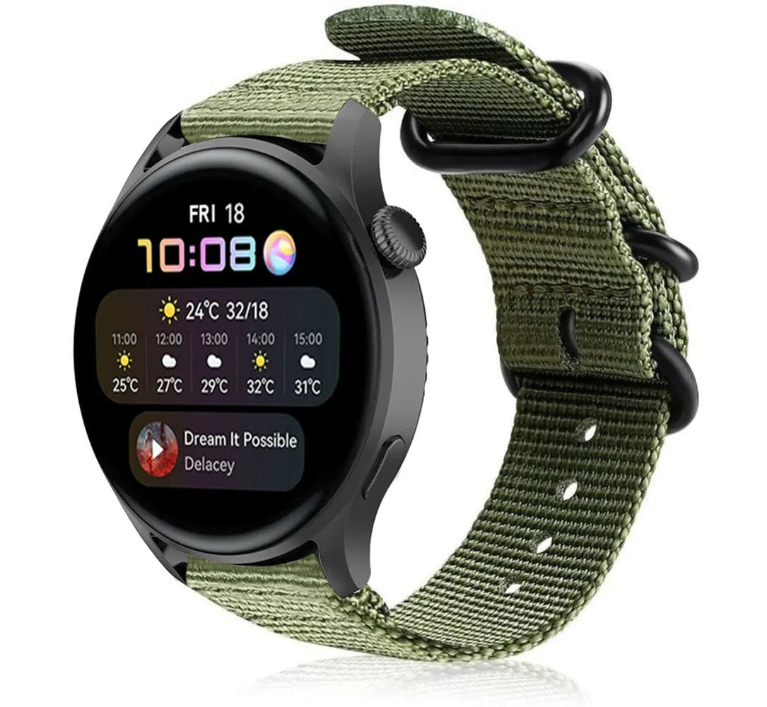 Nylon Buckle Strap, green, on a watch, 3/4 front view