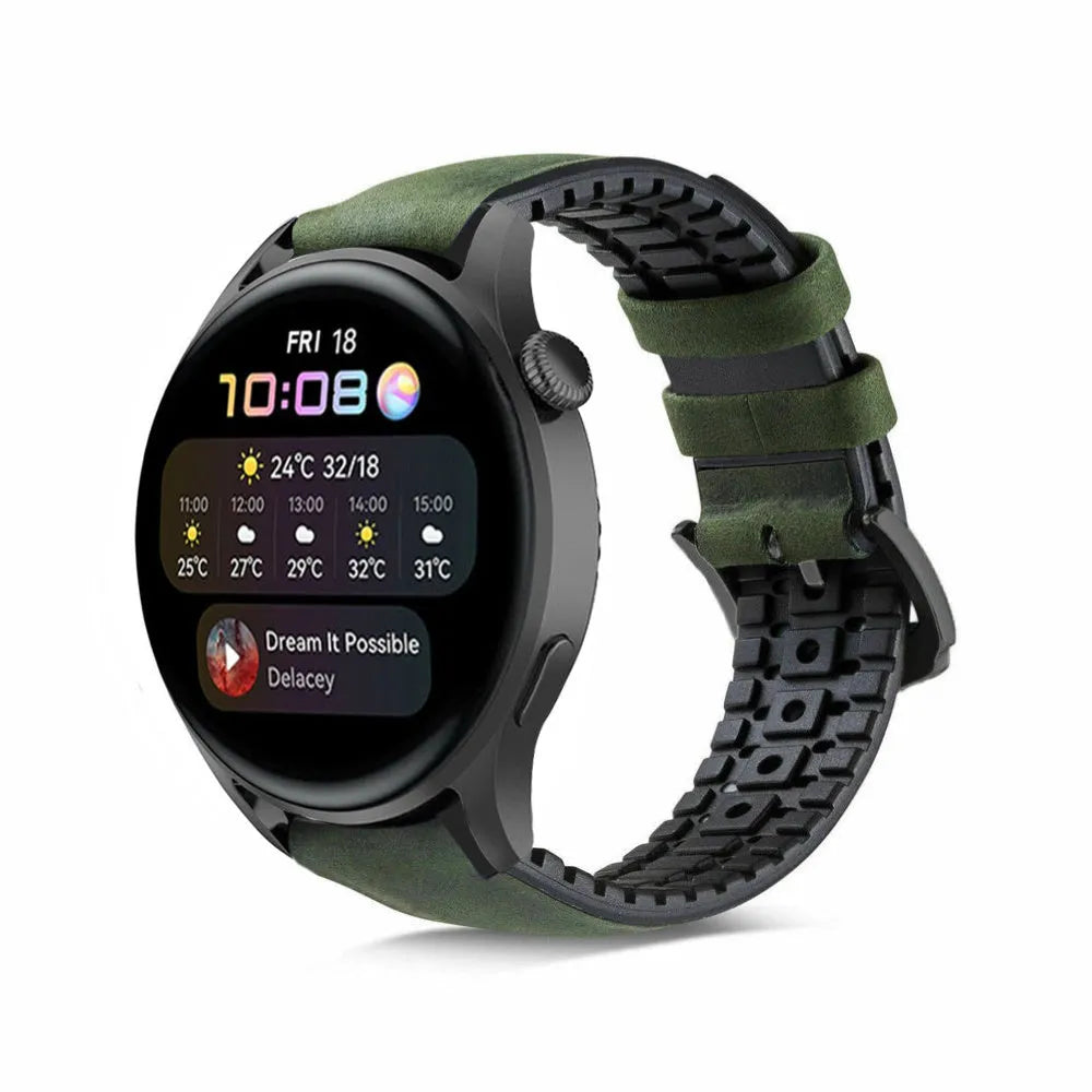 Leather Hybrid Strap, black/green, on a watch, 3/4 front view
