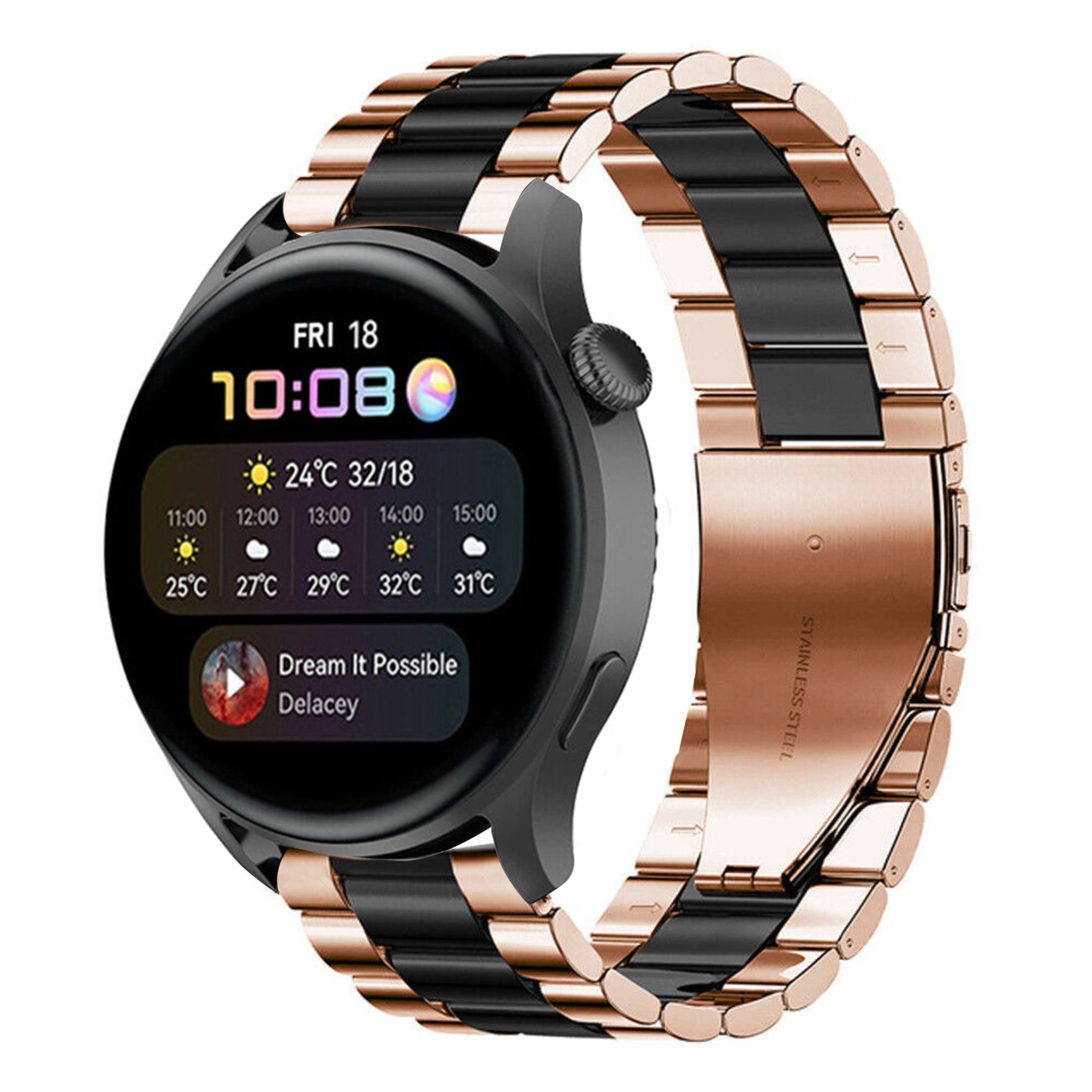 Steel Strap, rose gold/black, on a watch, 3/4 front view
