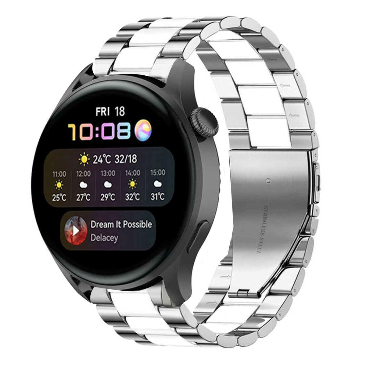 Steel Strap, silver/white, on a watch, 3/4 front view