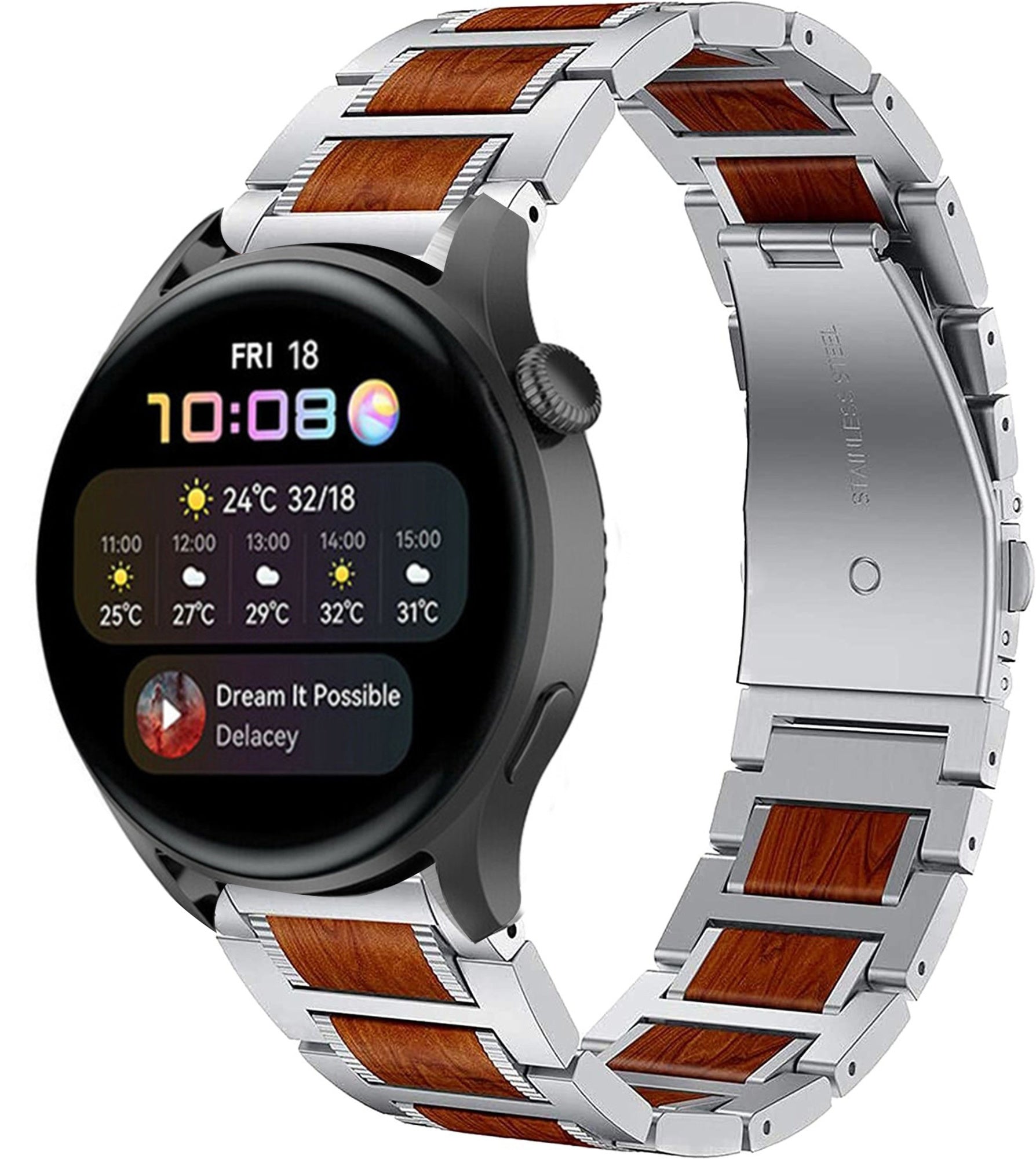 Wood Steel Strap, silver, on a watch, 3/4 front view