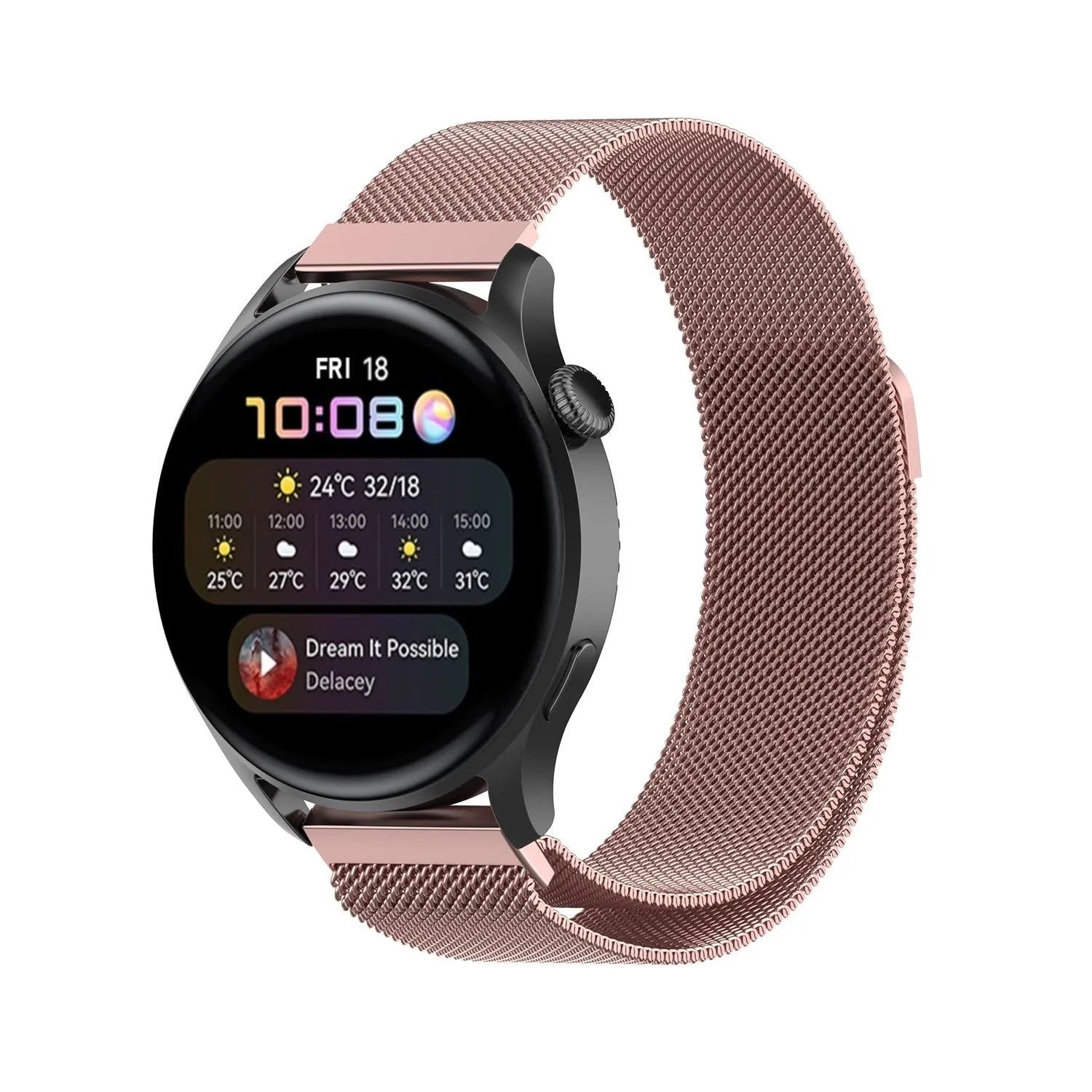 Milanese Strap, pink, on a watch, 3/4 front view