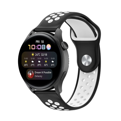 Silicone Sport Strap, black/white, on a watch, 3/4 front view