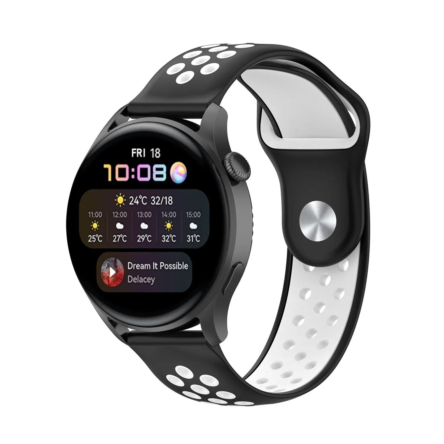 Silicone Sport Strap, black/white, on a watch, 3/4 front view