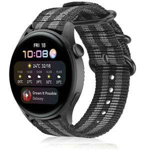 Nylon Buckle Strap, black/grey, on a watch, 3/4 front view