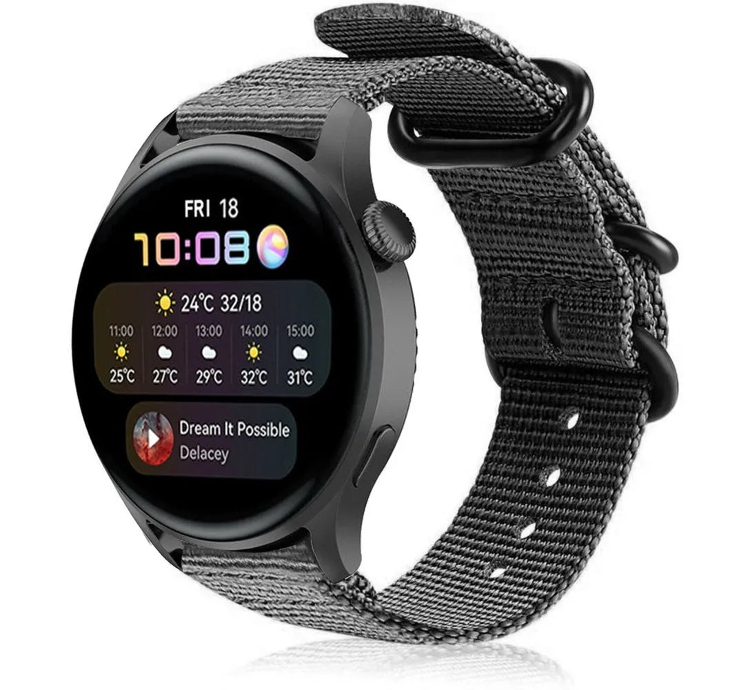 Nylon Buckle Strap, black, on a watch, 3/4 front view