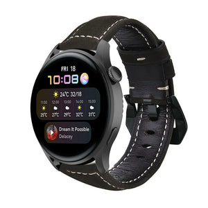 Leather Strap, black, on a watch, 3/4 front view