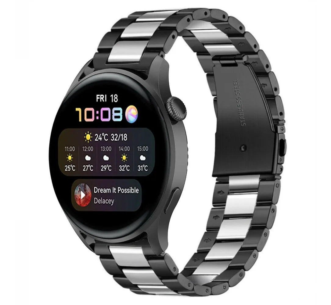 Steel Strap, black/silver, on a watch, 3/4 front view