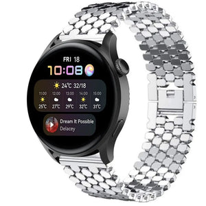 Steel Strap Hexagons, silver, on a watch, 3/4 front view