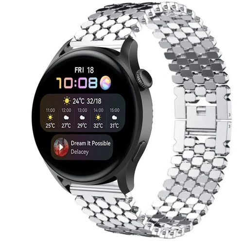 Steel Strap Hexagons, silver, on a watch, 3/4 front view