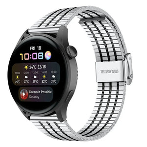 Fine Steel Strap, silver/black, on a watch, 3/4 front view