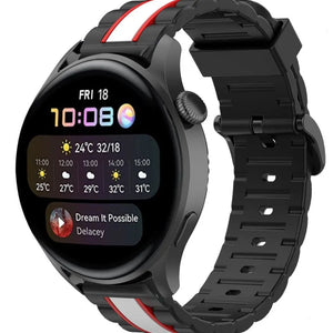 Silicone Special Edition Strap, black/white, on a watch, 3/4 front view