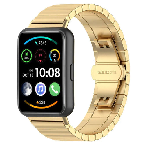 Metal Strap, gold, on a watch, 3/4 front view