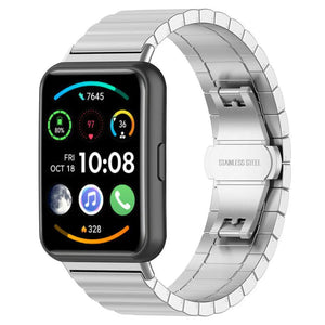 Metal Strap, silver, on a watch, 3/4 front view