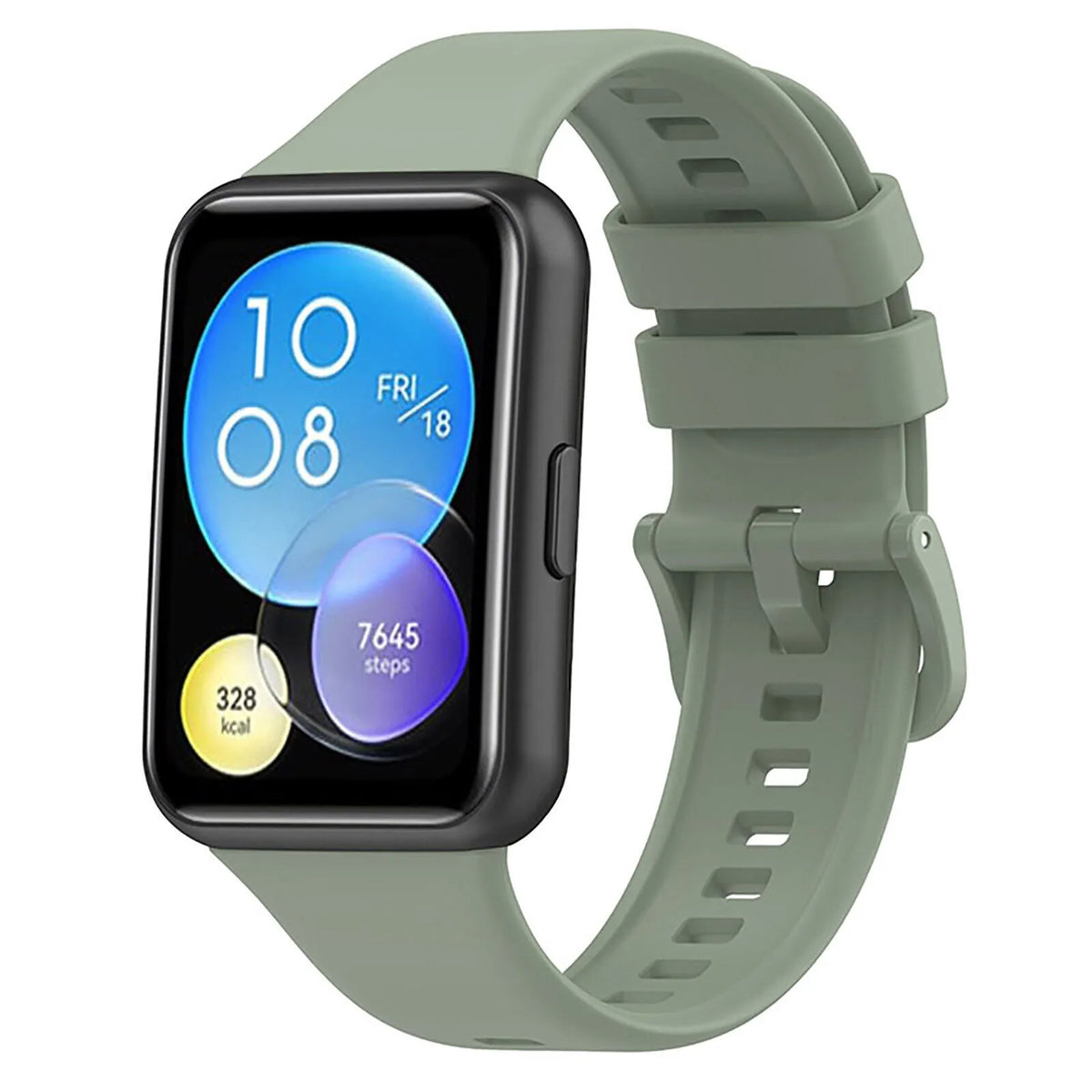 Silicone Strap, green, on a watch, 3/4 front view
