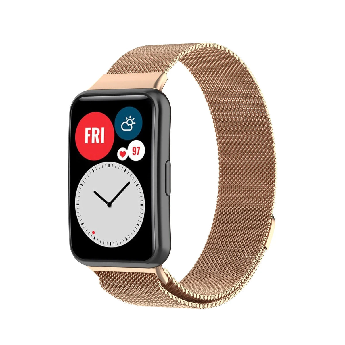 Milanese Strap, rose gold, on a watch, 3/4 front view