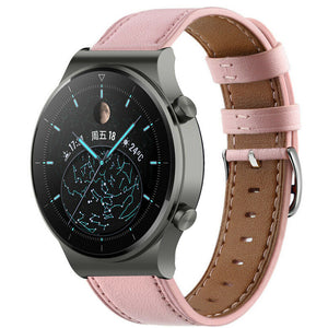 Modern Leather Strap, pink, on a watch, 3/4 front view