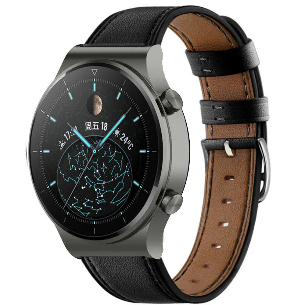 Modern Leather Strap, black, on a watch, 3/4 front view