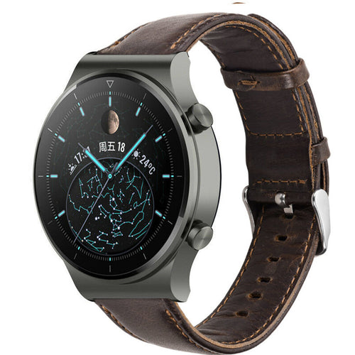 Leather Strap, dark brown, on a watch, 3/4 front view