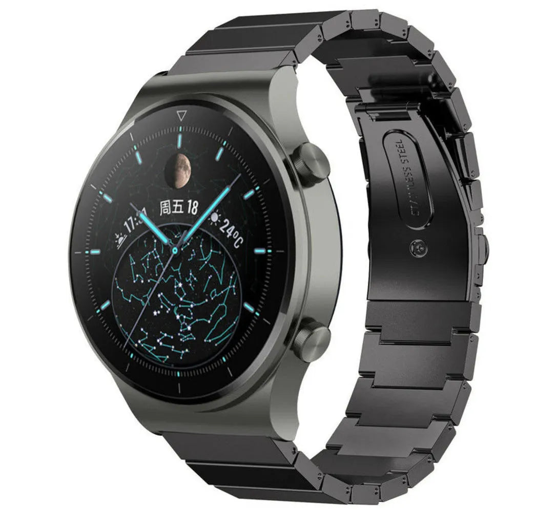 Premium Metal Strap, black, on a watch, 3/4 front view