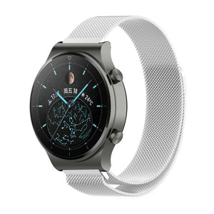 Milanese Strap, silver, on a watch, 3/4 front view