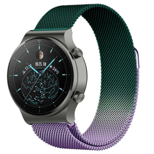 Milanese Strap, purple/green, on a watch, 3/4 front view