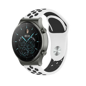 Silicone Sport Strap, white/black, on a watch, 3/4 front view