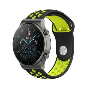Silicone Sport Strap, black/yellow, on a watch, 3/4 front view