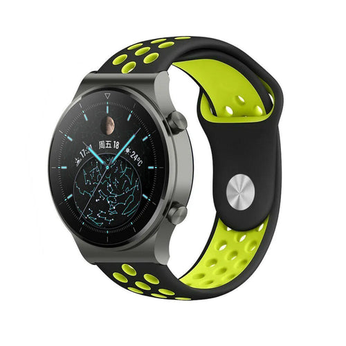 Silicone Sport Strap, black/yellow, on a watch, 3/4 front view