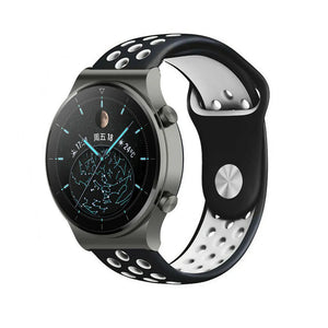 Silicone Sport Strap, black/white, on a watch, 3/4 front view