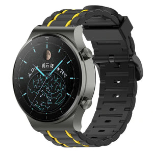 Silicone Sport Strap with Buckle, black/yellow, on a watch, 3/4 front view