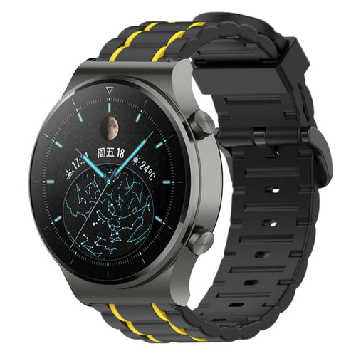 Silicone Sport Strap with Buckle, black/yellow, on a watch, 3/4 front view