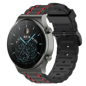 Silicone Sport Strap with Buckle, black/red, on a watch, 3/4 front view