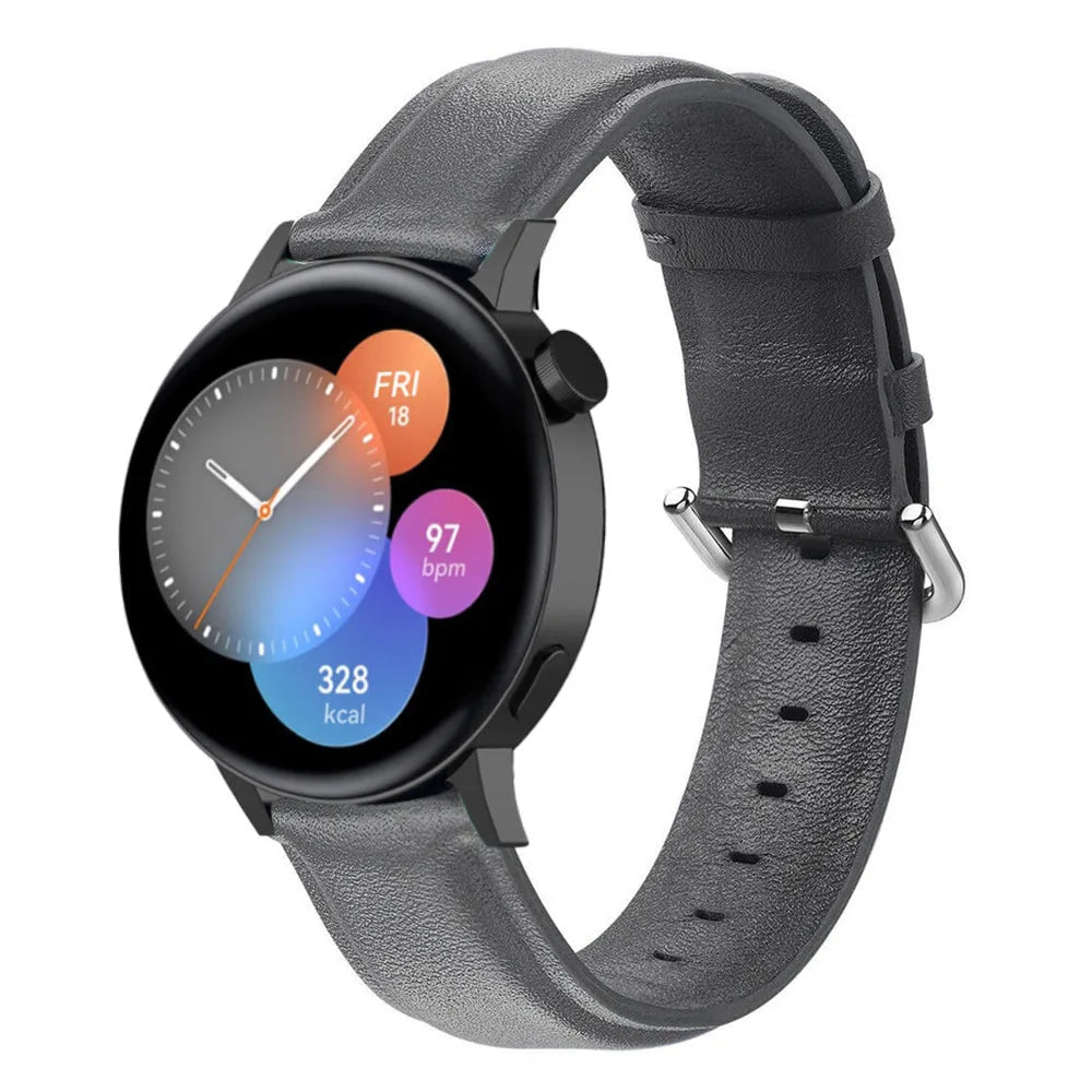 Leather Strap, dark grey, on a watch, 3/4 front view